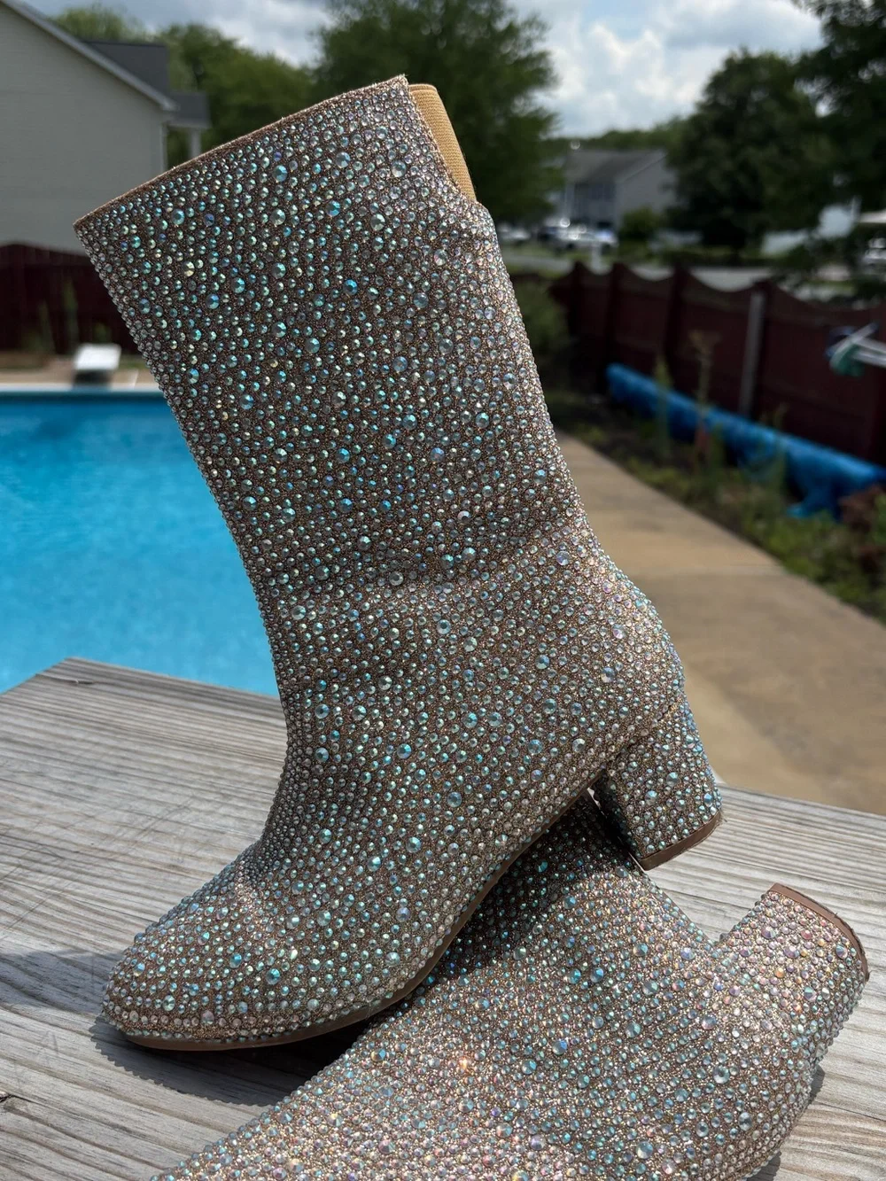 Rhinestone Tall, Round Toe, Chunky Low Heel Girls Boots Size 4